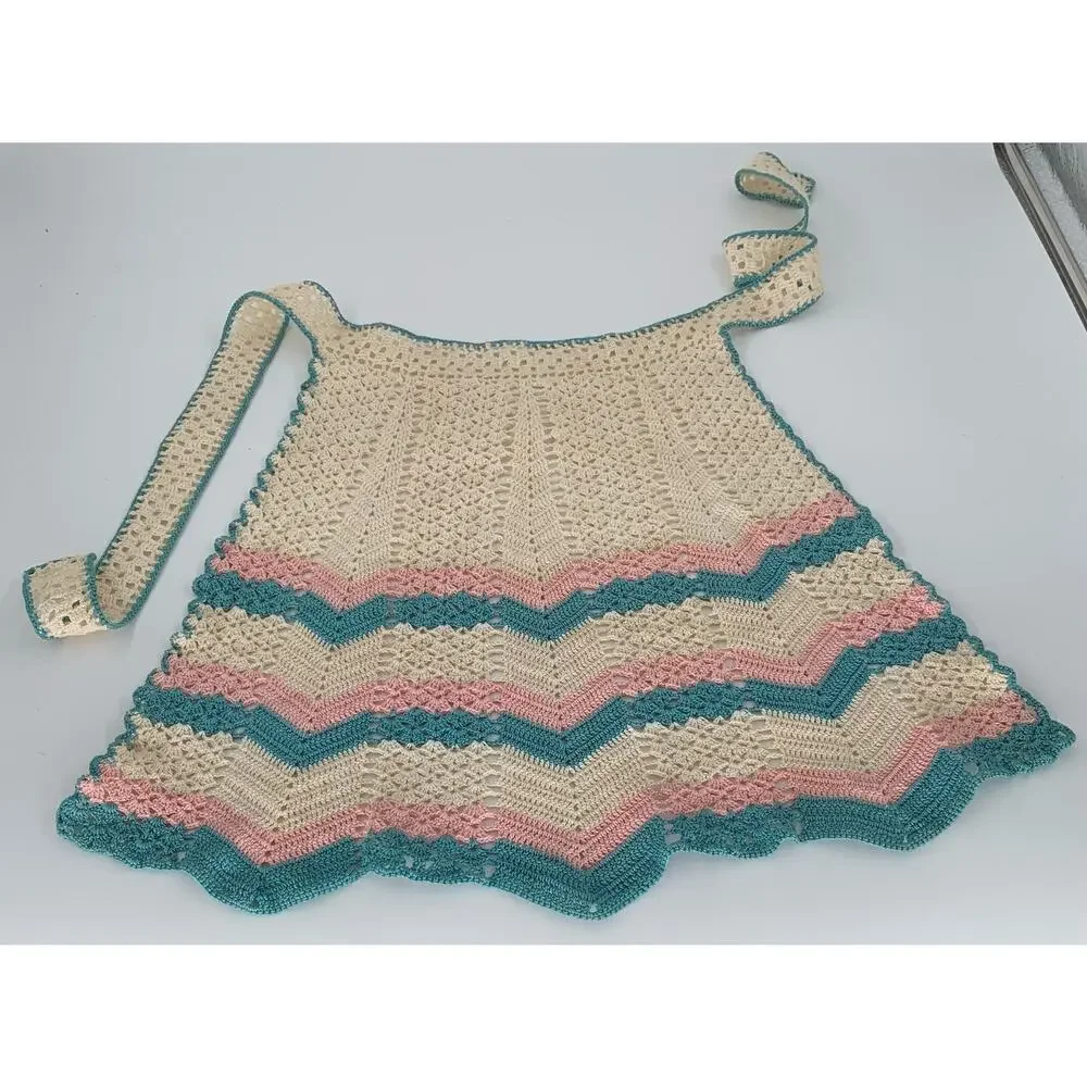 Crochet Apron Retro Striped Green Pink White Vintage Handmade Scalloped Hem